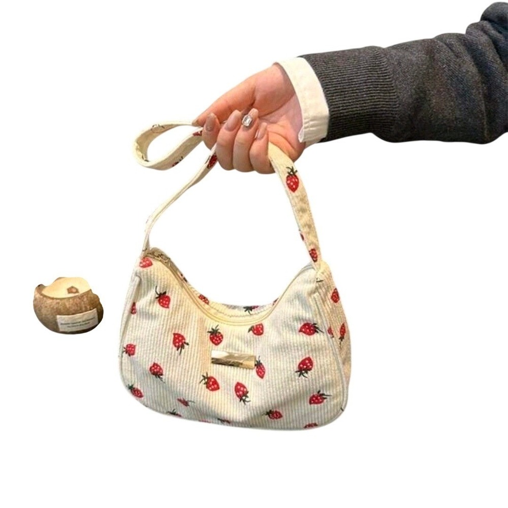 Cream Strawberry Corduroy Shoulder Baguette Purse Cute Kawaii Y2K Aesthetic Bag